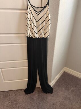 NWT Black and Cream Striped V-Neck Jumpsuit